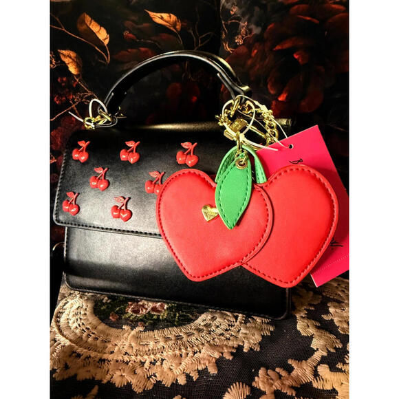 Betsey Johnson Handbags - Betsey Johnson Cherry Crossbody Bag Black Red Heart Charm NWT